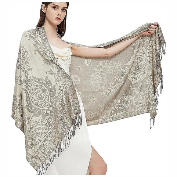 Pashmina Shawl Wrap with Ethnic Paisley-cream